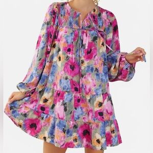ENTRO Orchid Boho Floral Multicolored Smock Dress Puff Sleeves